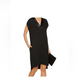 Vince Satin Trim V-Neck Crepe Popover Shift Dress Hi-Low Hem Retails $295